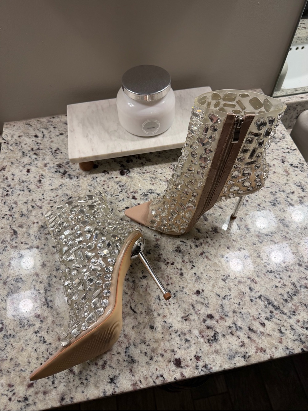 AKIRA Nude Pointed Toe Crystal Stiletto Booties